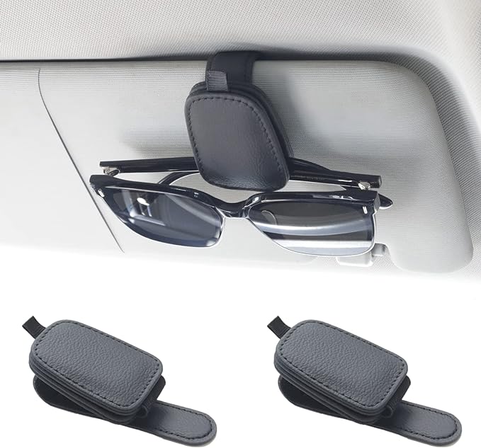 Magnetic Leather Sunglasses Holder for Car, 2 Packs (Black) | Magnetic Car Visor Accessories